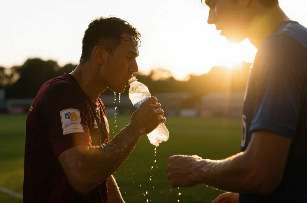 球员在炎热天气下调整呼吸和补水的比赛画面